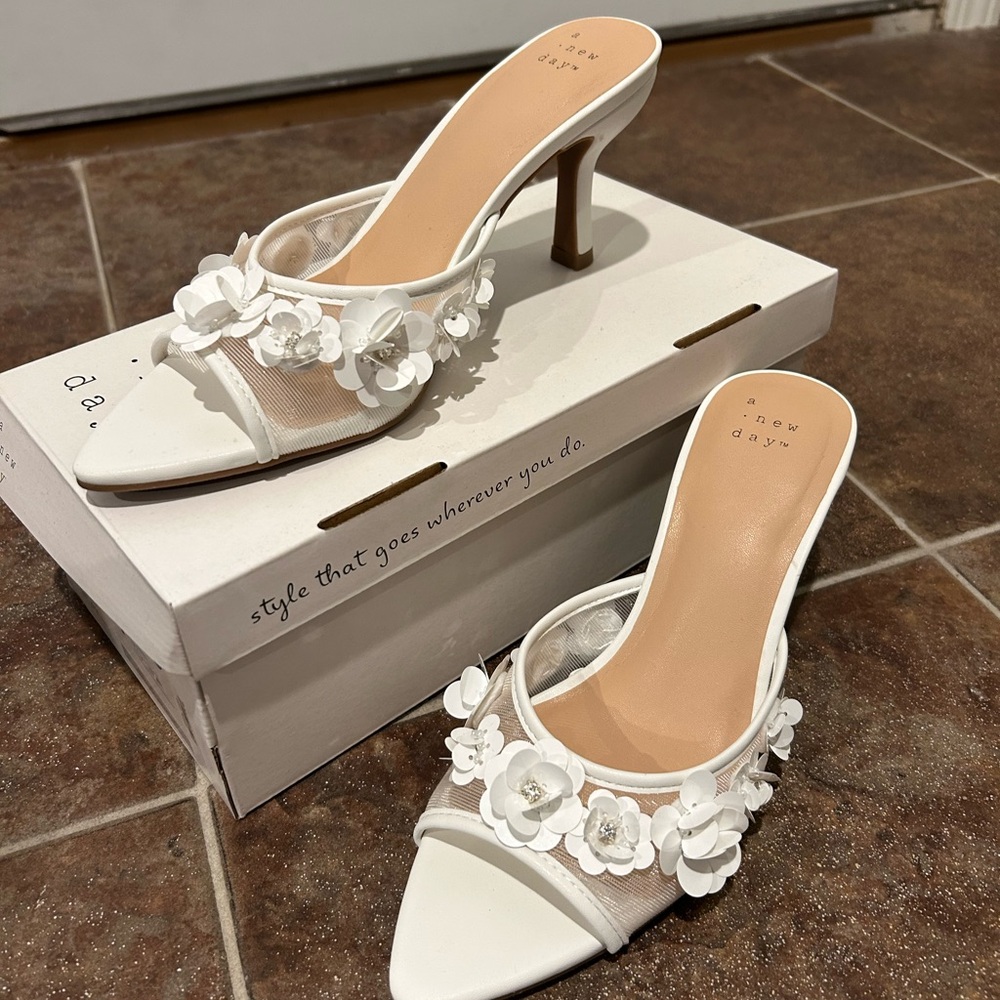 a new day White Floral Heels